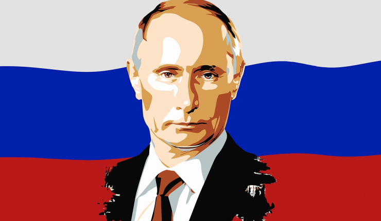 Digital portrait of Vladimir Putin against a Russian flag background