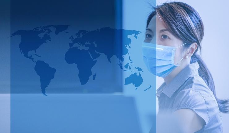 Chinese ethnic woman wearing a mask against a map of the world Chinese ethnic woman wearing a mask against a map of the world