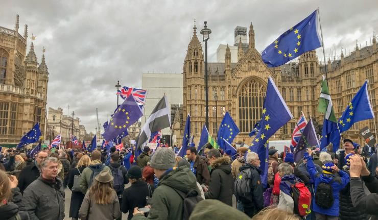 Brexit protestors carrying both UK and EU flags at the Palace of Westminster Brexit protestors carrying both UK and EU flags at the Palace of Westminster