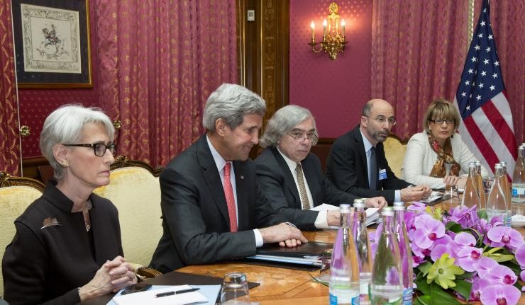U.S. Secretary of State John Kerry flanked by deputies during Iran Nuclear Deal Talks Ernest Moniz, Robert Malley, Helga Schmid
