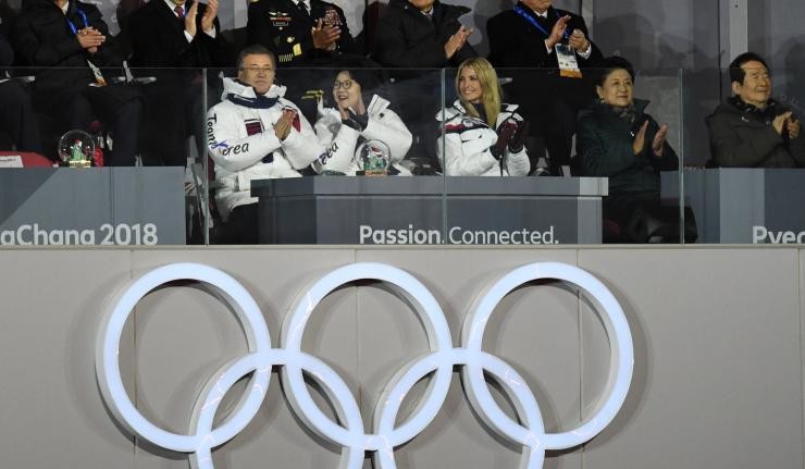 Ivanka Trump with President Moon Jae in and First lady Kim Jung-Sook at the Pyeongchang winter olympics Ivanka Trump with President Moon Jae in and First lady Kim Jung-Sook at the Pyeongchang winter olympics