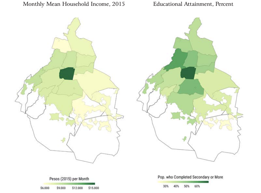 Figure 1: Mexico City: Income and Educational Attainment by Borough, 2015