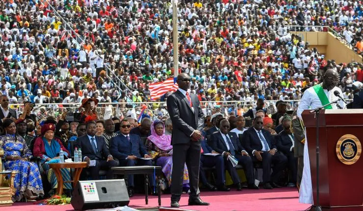 Liberian President elect George Weah addressing an audience in a stadium