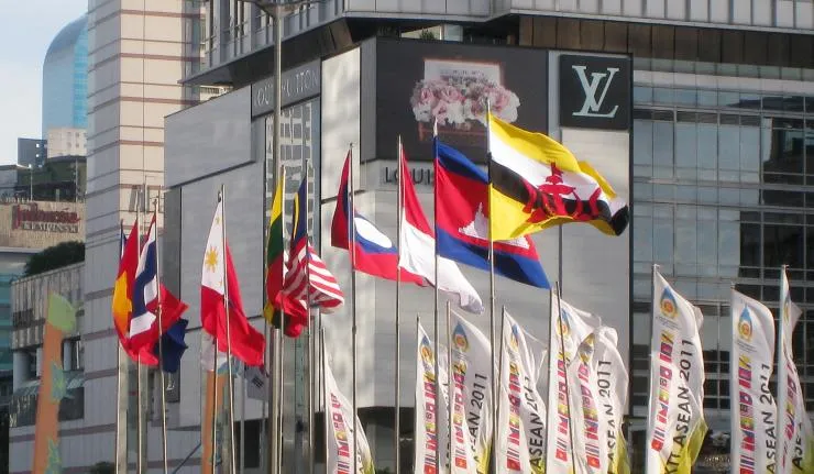 Flags of ASEAN countries outside the 19th ASEAN summit in Bali