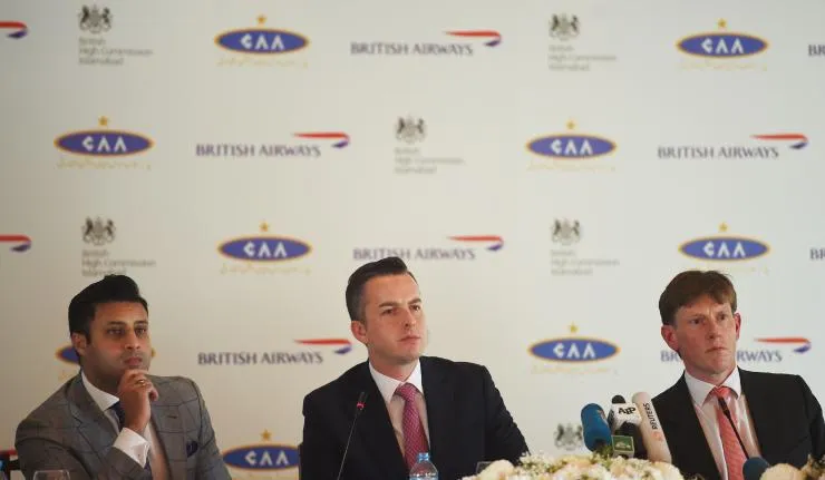 Sayed Bukhari Robert Williams of British Airways and Richard Crowder Britains Deputy High Commissioner