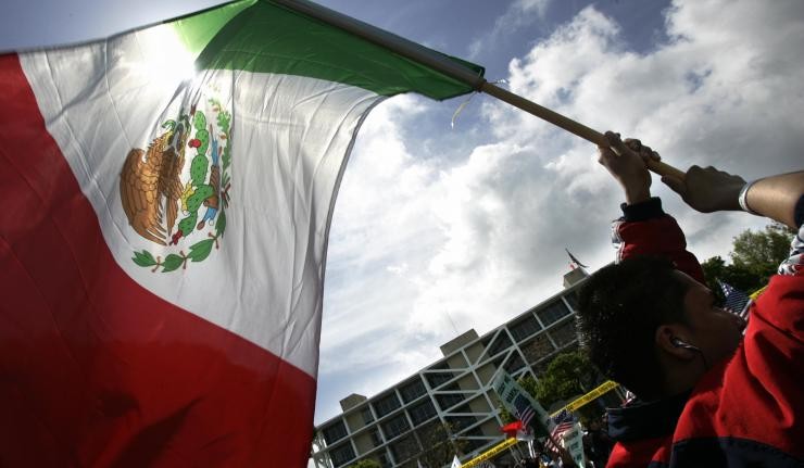 Protestor holding up the Mexican flag