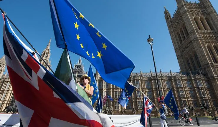 Protestors carrying both the Union Jack and the EU flag outside the Palace of Westminster