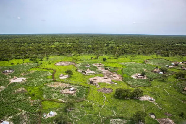 A village surrounded by swamp in South Sudan.