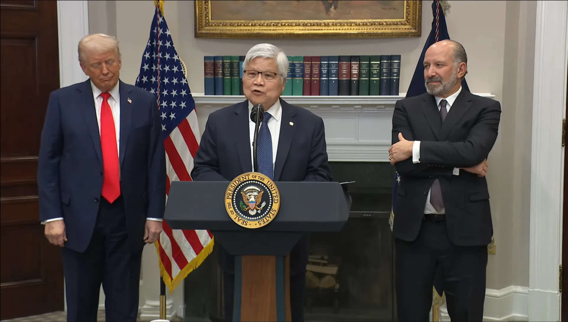 TSMC CEO C.C. Wei and U.S. President Donald Trump at a White House press conference (2025)